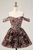 Khaki Leopard A Line Off the Shoulder Corset Mini Homecoming Dress