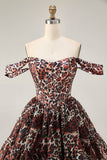 Khaki Leopard A Line Off the Shoulder Corset Mini Homecoming Dress