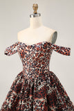 Khaki Leopard A Line Off the Shoulder Corset Mini Homecoming Dress