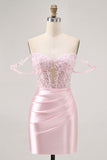 Pink Bodycon Off The Shoulder Corset Short Homecoming Dress with Beading