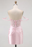 Pink Bodycon Off The Shoulder Corset Short Homecoming Dress with Beading
