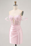 Pink Bodycon Off The Shoulder Corset Short Homecoming Dress with Beading
