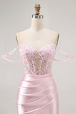 Pink Bodycon Off The Shoulder Corset Short Homecoming Dress with Beading