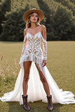 White Cold Shoulder A Line Lace High Low Wedding Dress