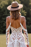 White Cold Shoulder A Line Lace High Low Wedding Dress