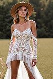 White Cold Shoulder A Line Lace High Low Wedding Dress