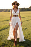 V Neck A Line White Boho Wedding Dress With Slit