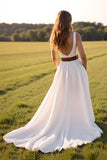 V Neck A Line White Boho Wedding Dress With Slit