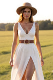 V Neck A Line White Boho Wedding Dress With Slit