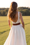 V Neck A Line White Boho Wedding Dress With Slit
