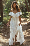 Off The Shoulder Ruffled White A Line Wedding Dress
