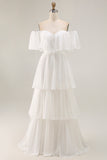 Off The Shoulder Ruffled White A Line Wedding Dress