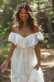 Off The Shoulder Ruffled White A Line Wedding Dress