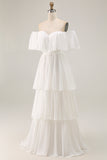 Off The Shoulder Ruffled White A Line Wedding Dress