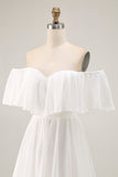 Off The Shoulder Ruffled White A Line Wedding Dress