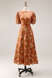 Orange Floral Printed A Line Midi Wedding Guest Dress with Short Sleeves