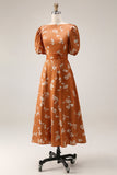 Orange Floral Printed A Line Midi Wedding Guest Dress with Short Sleeves