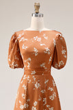 Orange Floral Printed A Line Midi Wedding Guest Dress with Short Sleeves