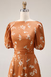Orange Floral Printed A Line Midi Wedding Guest Dress with Short Sleeves
