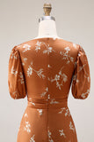 Orange Floral Printed A Line Midi Wedding Guest Dress with Short Sleeves