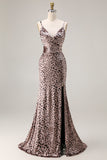 Golden Leopard Mermaid Spaghetti Straps Long Prom Dress with Slit