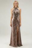 Sparkly Golden Leopard Halter Mermaid Keyhole Sequins Long Prom Dress with Slit