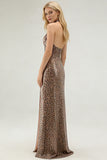 Sparkly Golden Leopard Halter Mermaid Keyhole Sequins Long Prom Dress with Slit