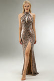 Sparkly Golden Leopard Halter Mermaid Keyhole Sequins Long Prom Dress with Slit