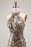 Sparkly Golden Leopard Mermaid Halter Keyhole Sequins Long Prom Dress with Slit