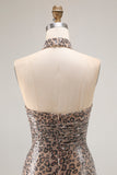 Sparkly Golden Leopard Mermaid Halter Keyhole Sequins Long Prom Dress with Slit