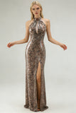 Sparkly Golden Leopard Halter Mermaid Keyhole Sequins Long Prom Dress with Slit