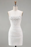 White Strapless Bodycon Corset Mini Homecoming Dress with Beading