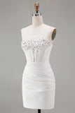White Strapless Bodycon Corset Mini Homecoming Dress with Beading