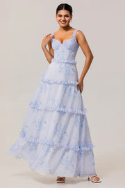 Blue A-Line Chiffon Ruffle Print Floral Long Bridesmaid Dress with Lace Up Back