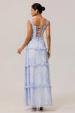 Blue A-Line Chiffon Ruffle Print Floral Long Bridesmaid Dress with Lace Up Back