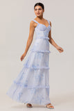 Blue A-Line Chiffon Ruffle Print Floral Long Bridesmaid Dress with Lace Up Back
