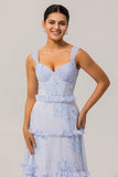 Blue A-Line Chiffon Ruffle Print Floral Long Bridesmaid Dress with Lace Up Back
