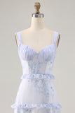 Blue Flower A-Line Printed Long Bridesmaid Dress with Lace Up Back