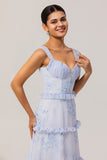 Blue A-Line Chiffon Ruffle Print Floral Long Bridesmaid Dress with Lace Up Back