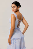 Blue A-Line Chiffon Ruffle Print Floral Long Bridesmaid Dress with Lace Up Back