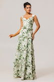 Green Flower A-Line Corset Ruffle Long Bridesmaid Dress with Lace Up Back