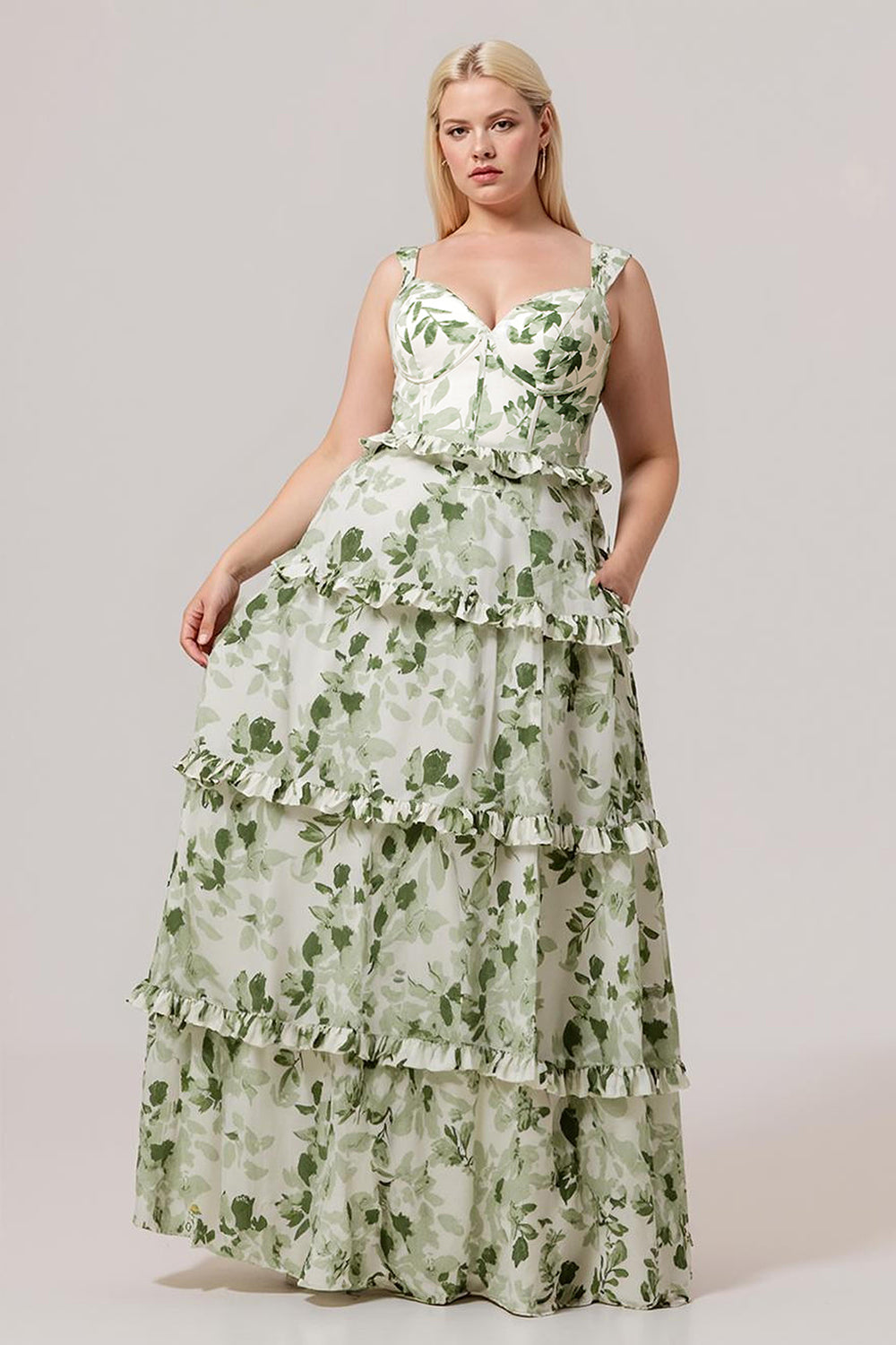 Wedtrend Women Plus Size Green Flower Long Bridesmaid Dress with Lace Up Back A-Line Corset Tiered Ruffle Wedding Guest Dress, Green Flower / US8 Wedtrend Women Plus Size Green Flower Long Bridesmaid Dress with Lace Up Back A-Line Corset Tiered Ruffle Wedding Guest Dress, Green Flower / US8