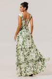 Green Flower A-Line Corset Ruffle Long Bridesmaid Dress with Lace Up Back
