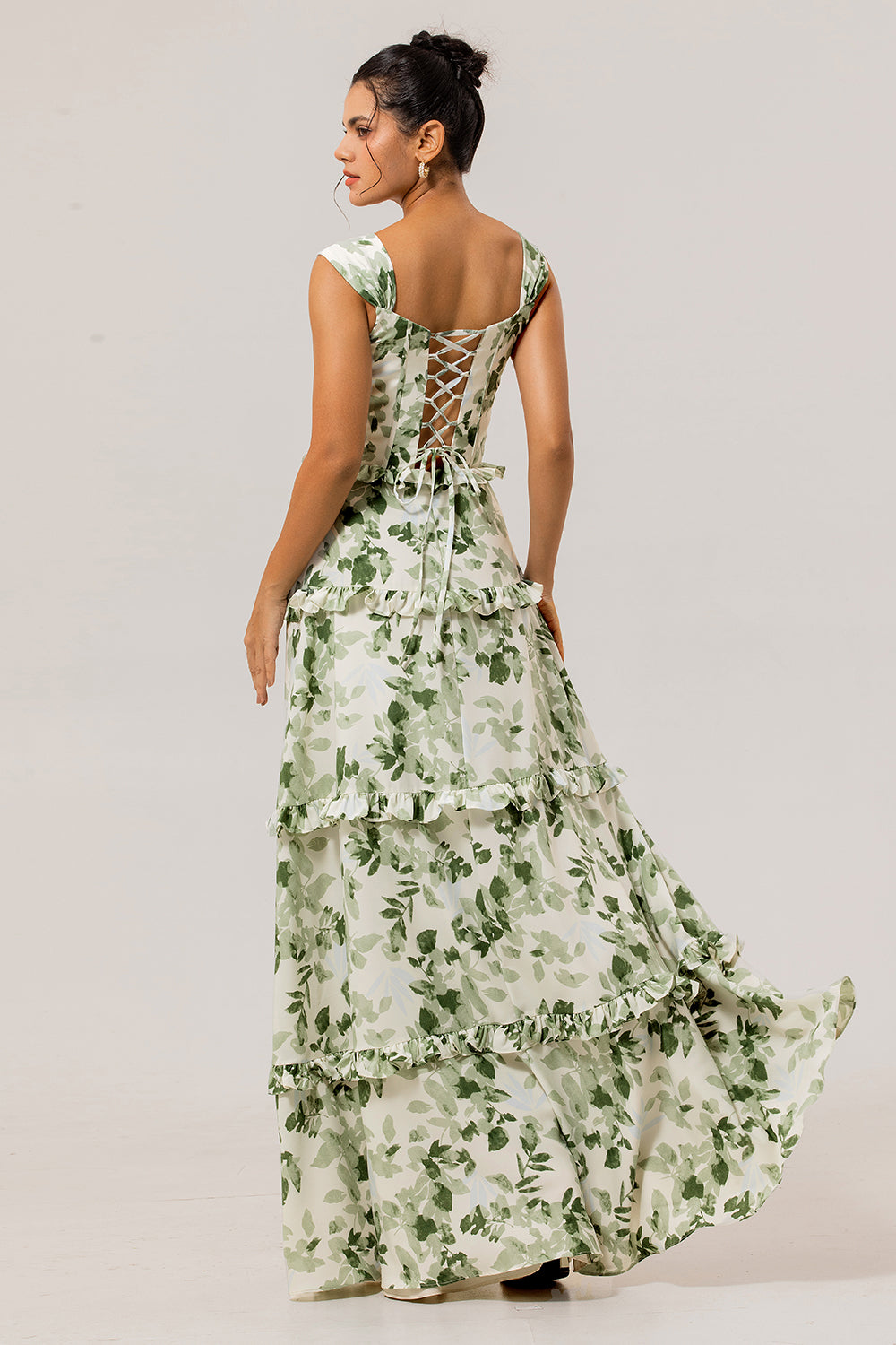 WEDTREND Women Green Flower Bridesmaid Dress with Lace Up Back Floor Length A Line Corset Tiered Wedding Guest Dress with Ruffles, Green Flower / US2