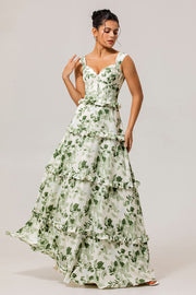 Green Flower A-Line Corset Ruffle Long Bridesmaid Dress with Lace Up Back