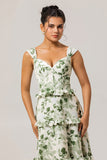 Green Flower A-Line Corset Ruffle Long Bridesmaid Dress with Lace Up Back