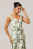 Green Flower A-Line Corset Ruffle Long Bridesmaid Dress with Lace Up Back