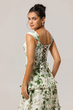 Green Flower A-Line Corset Ruffle Long Bridesmaid Dress with Lace Up Back