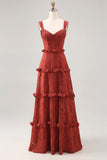 Terracotta A-line Ruffled Floral Burnout Maxi Bridesmaid Dress with Lace Up Back