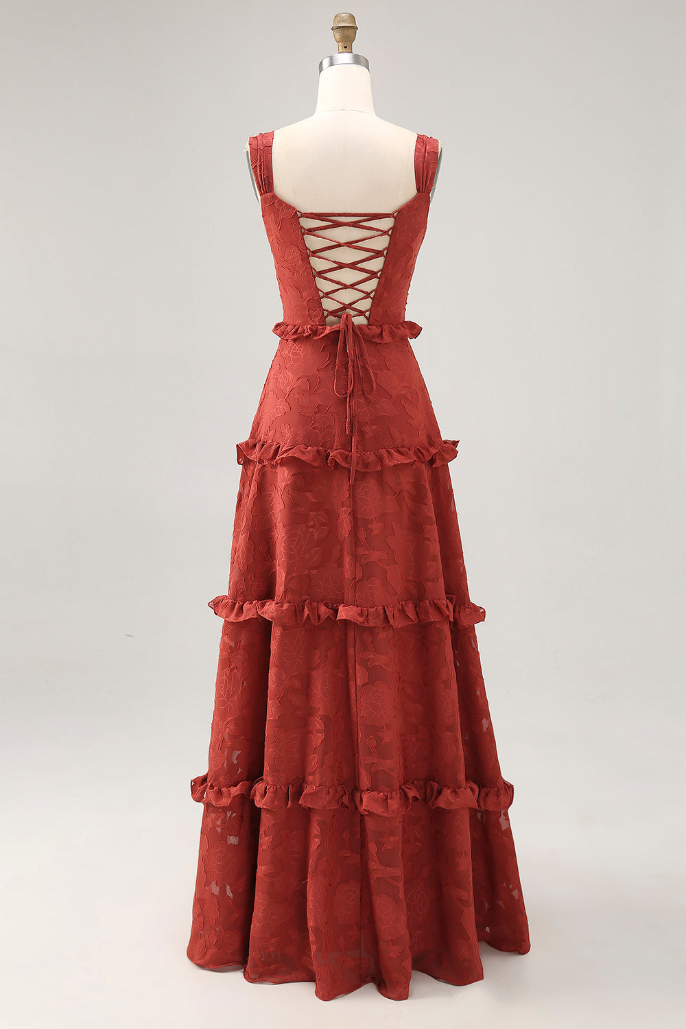 terracotta dresses for wedding guest Wedtrend Women Terracotta Maxi Bridesmaid Dress with Lace Up Back A-line Ruffled Wedding Guest Dress – WEDTREND